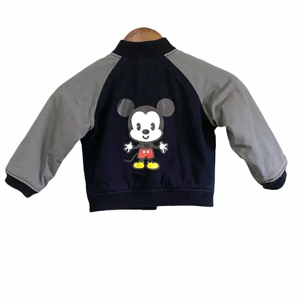 Disney Mickey Logo Chest Back Kids Snap Up Black Pockets Varsity Jacket Size XXS